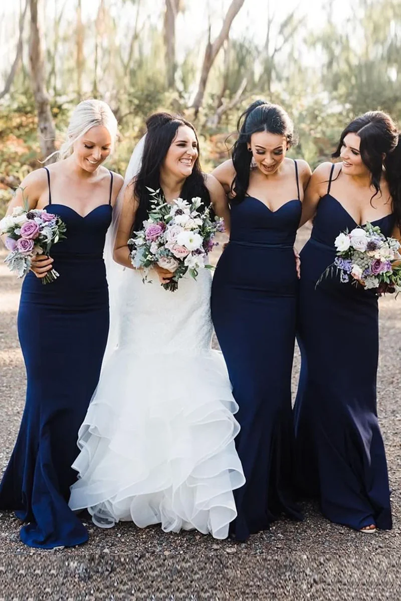 Trumpet/Mermaid Navy Spaghetti Straps Long Bridesmaid Dress