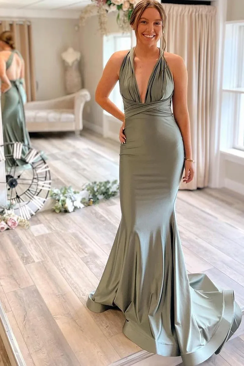 Mermaid Light Green Convertible Satin Prom Bridesmaid Dress