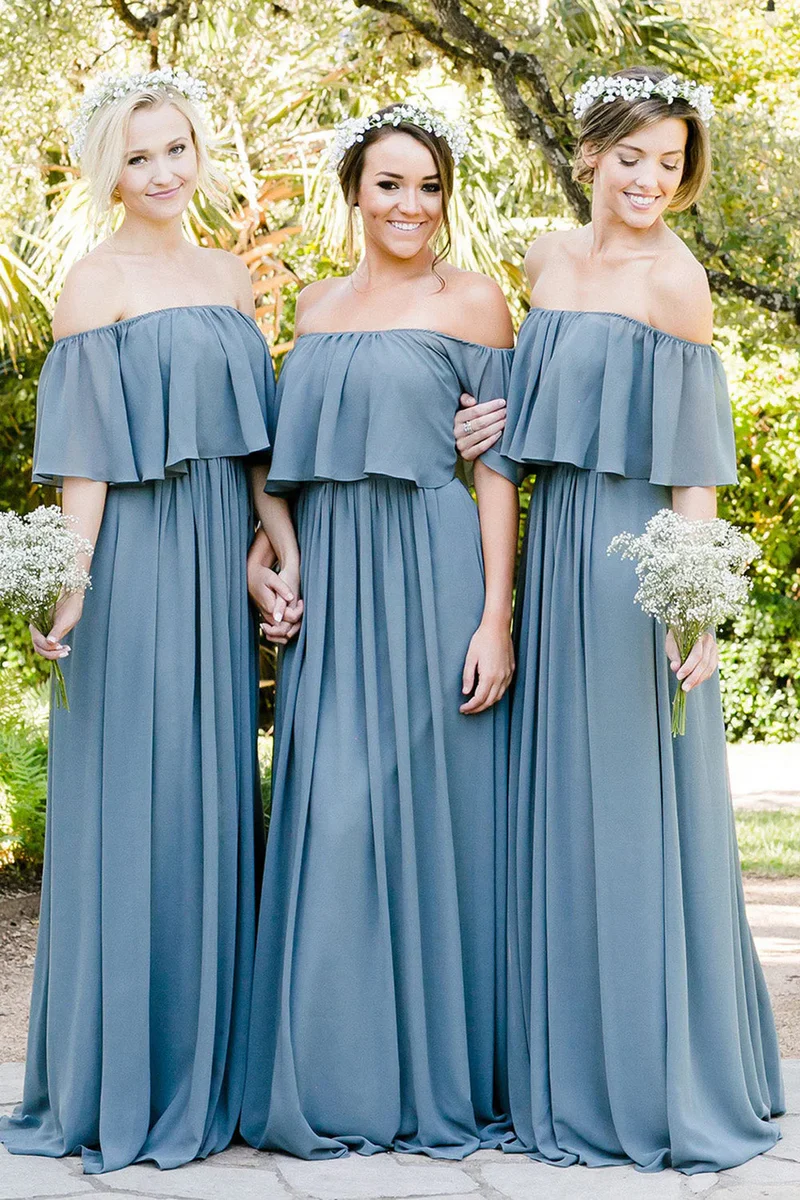 A-Line Dusty Blue Off the Shoulder Long Chiffon Boho Bridesmaid Dress
