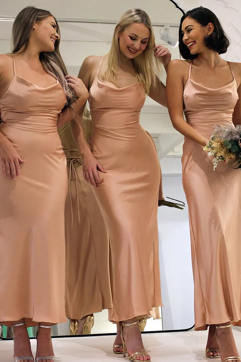 Satin Sheath Lace-Up Back Long Bridesmaid Dress