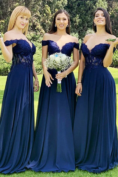 A-Line/Princess Lace Off-the-Shoulder Long Bridesmaid Dress
