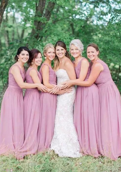 A-line V Neck Sleeveless Floor-Length Chiffon Bridesmaid Dresses