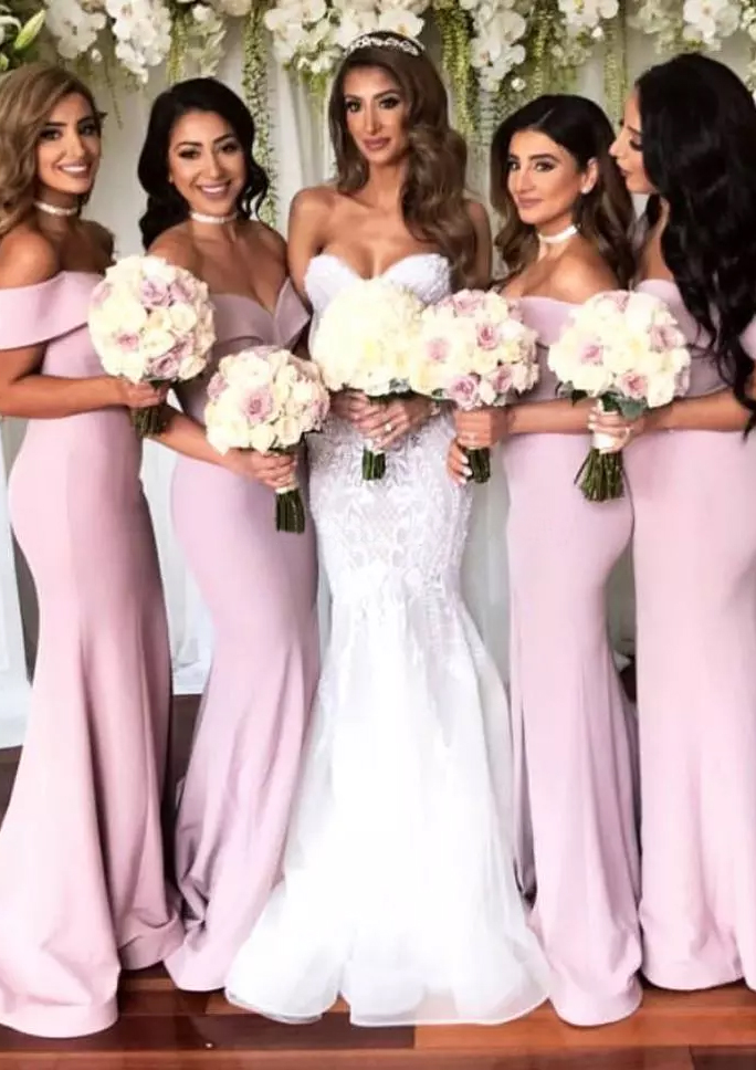 Sheath/Column Off-the-Shoulder Sweep Train Satin Bridesmaid Dress