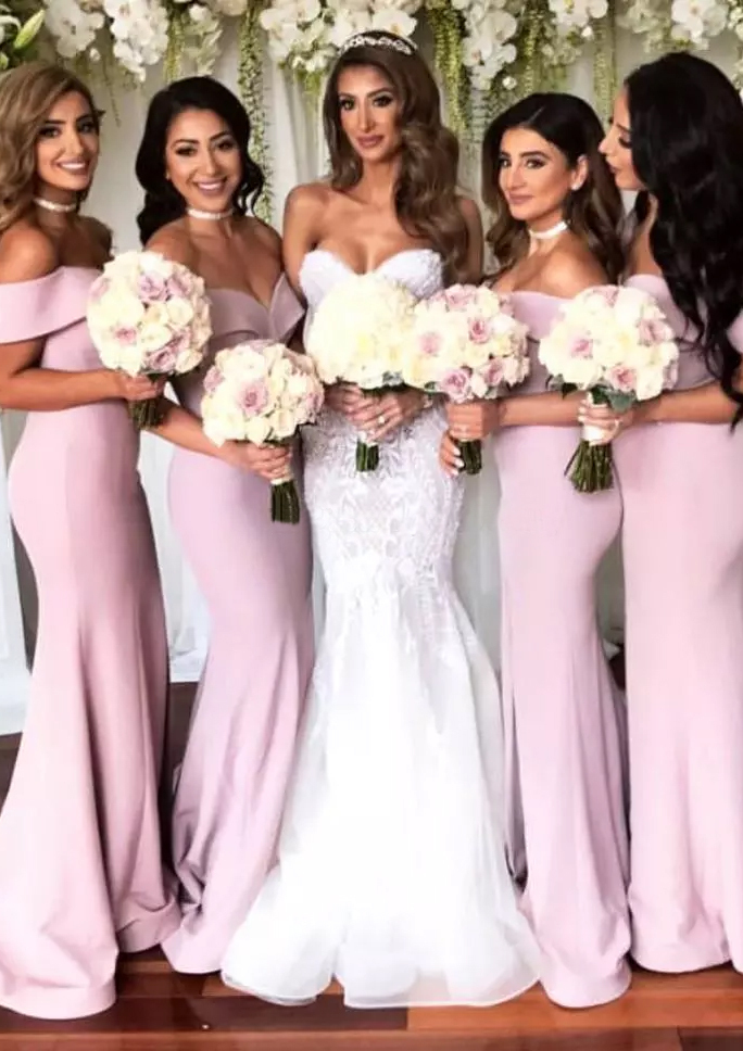 Sheath/Column Off-the-Shoulder Sweep Train Satin Bridesmaid Dress