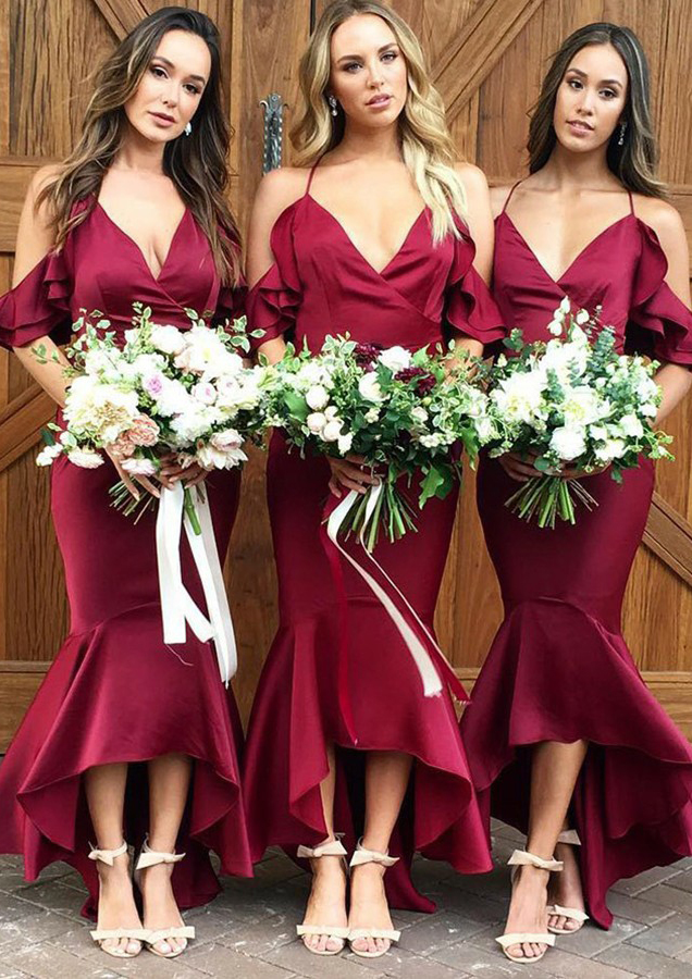 Trumpet/Mermaid V Neck Charmeuse Bridesmaid Dresses With Ruffles