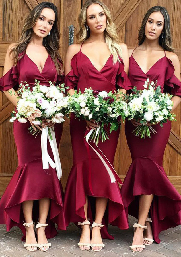 Trumpet/Mermaid V Neck Charmeuse Bridesmaid Dresses With Ruffles