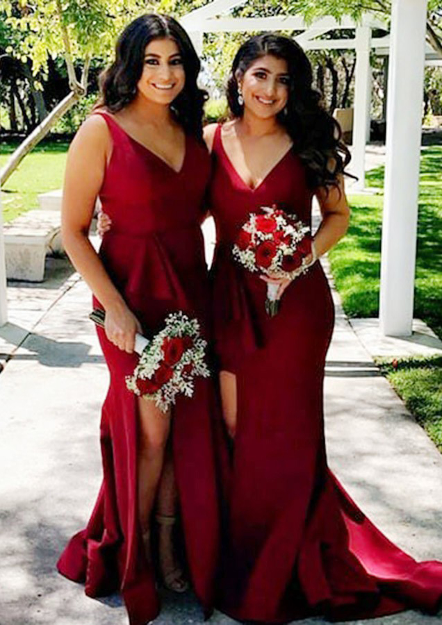 Trumpet/Mermaid V Neck Sleeveless Court Train Satin Bridesmaid Dress