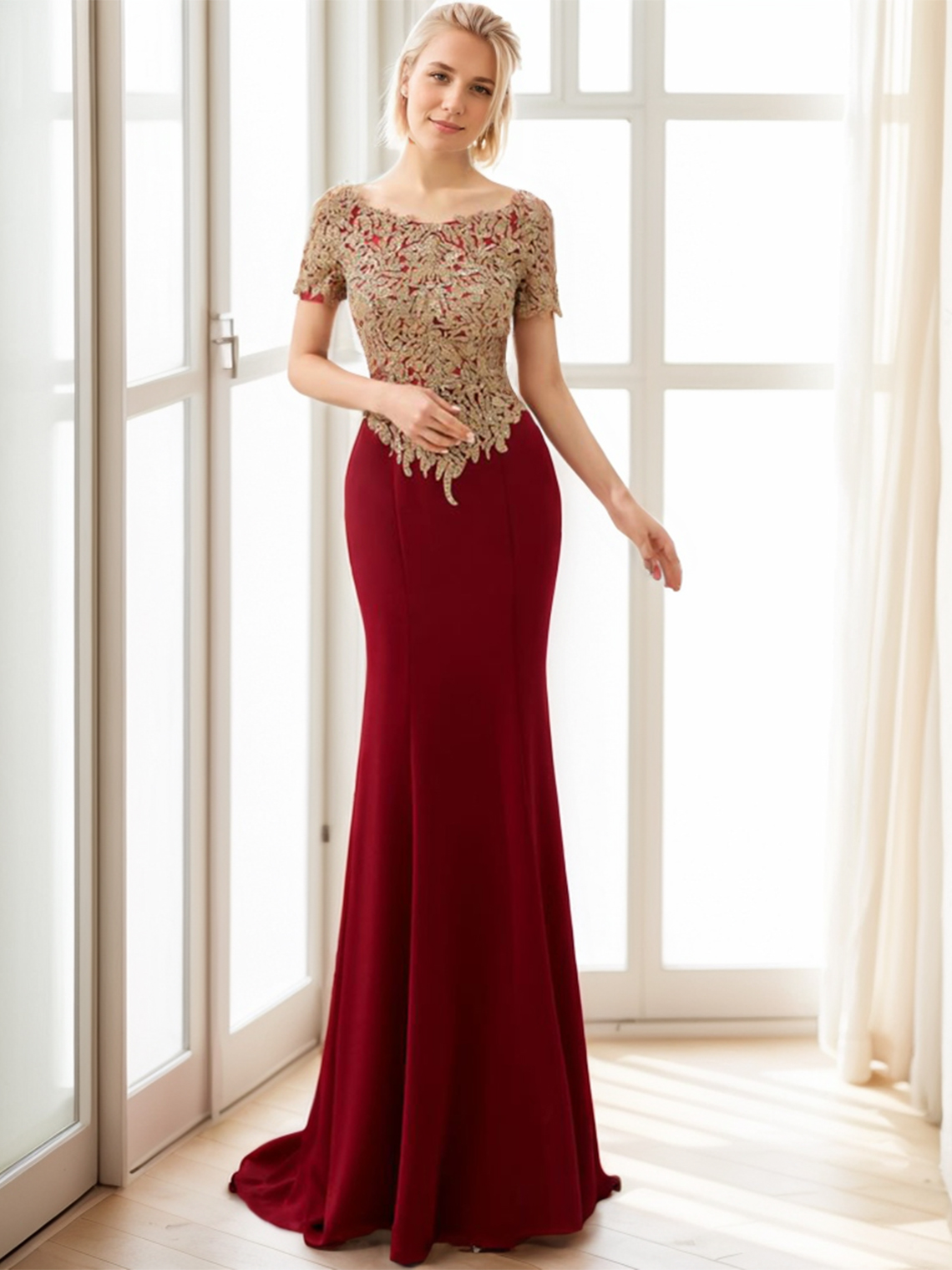 Mermaid/Trumpet Evening Dress Bateau Neck Short Sleeves Prom Dress