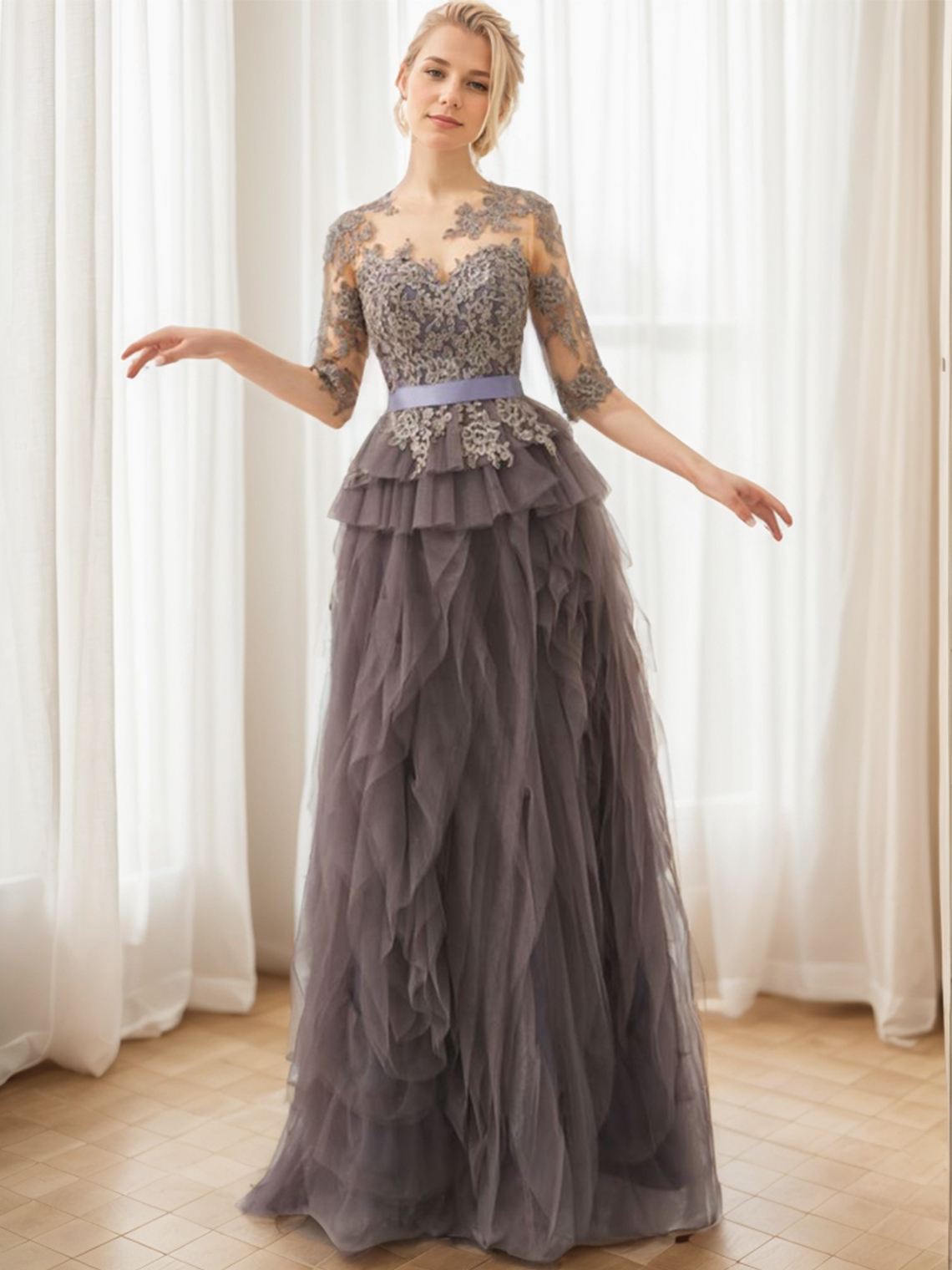 A-Line Vintage Evening Prom Dress Jewel Neck Half Sleeve Party Gowns