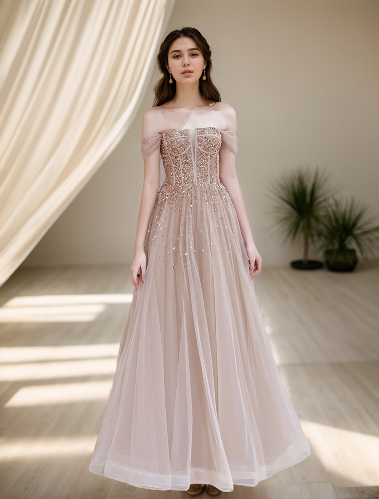  A-Line Prom Dresses Sparkle Evening Dress Luxury Floor Length Beading