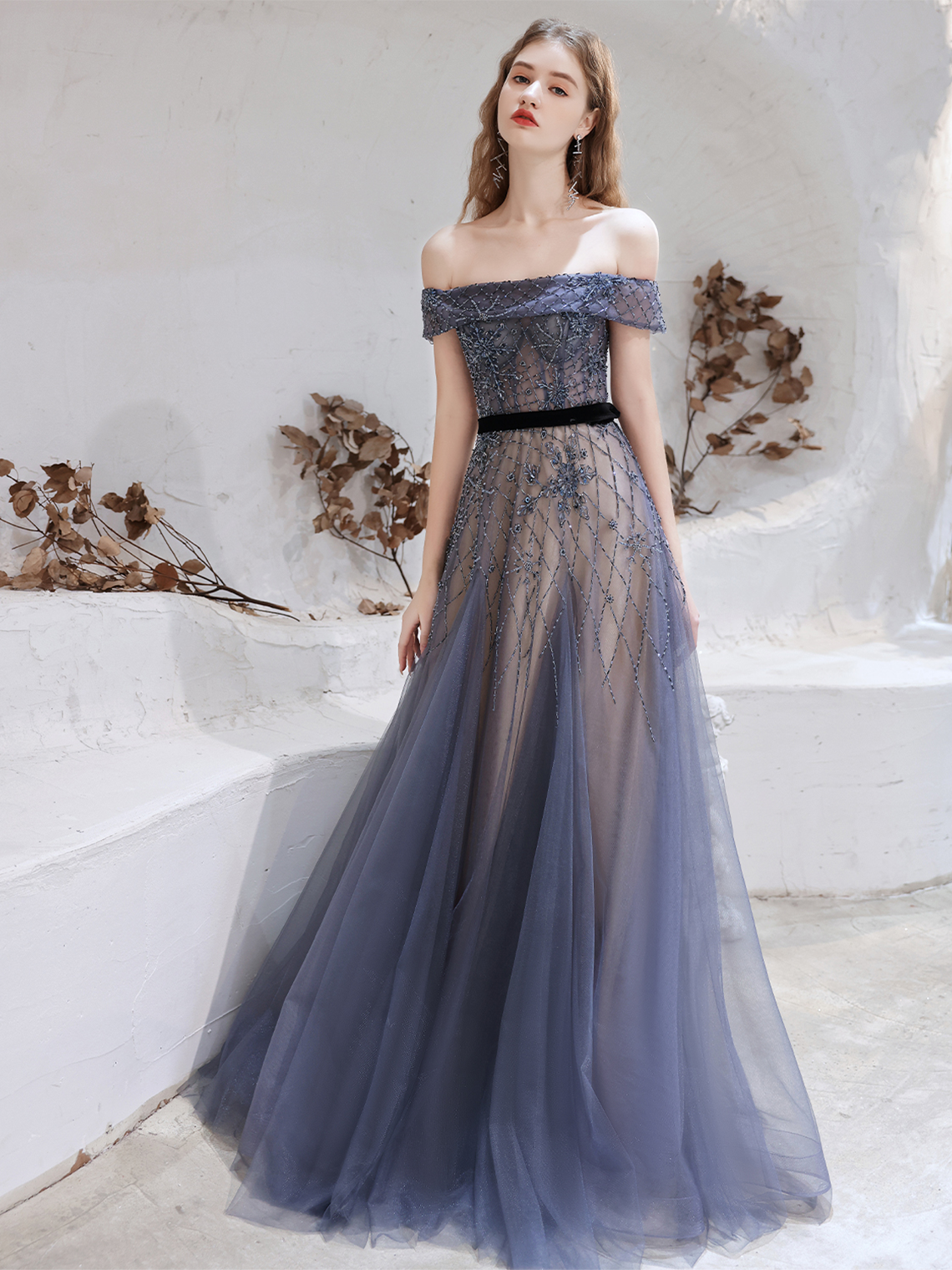 A-Line/Princess Evening Dress Elegant Formal Sparkle Beading Prom Gown