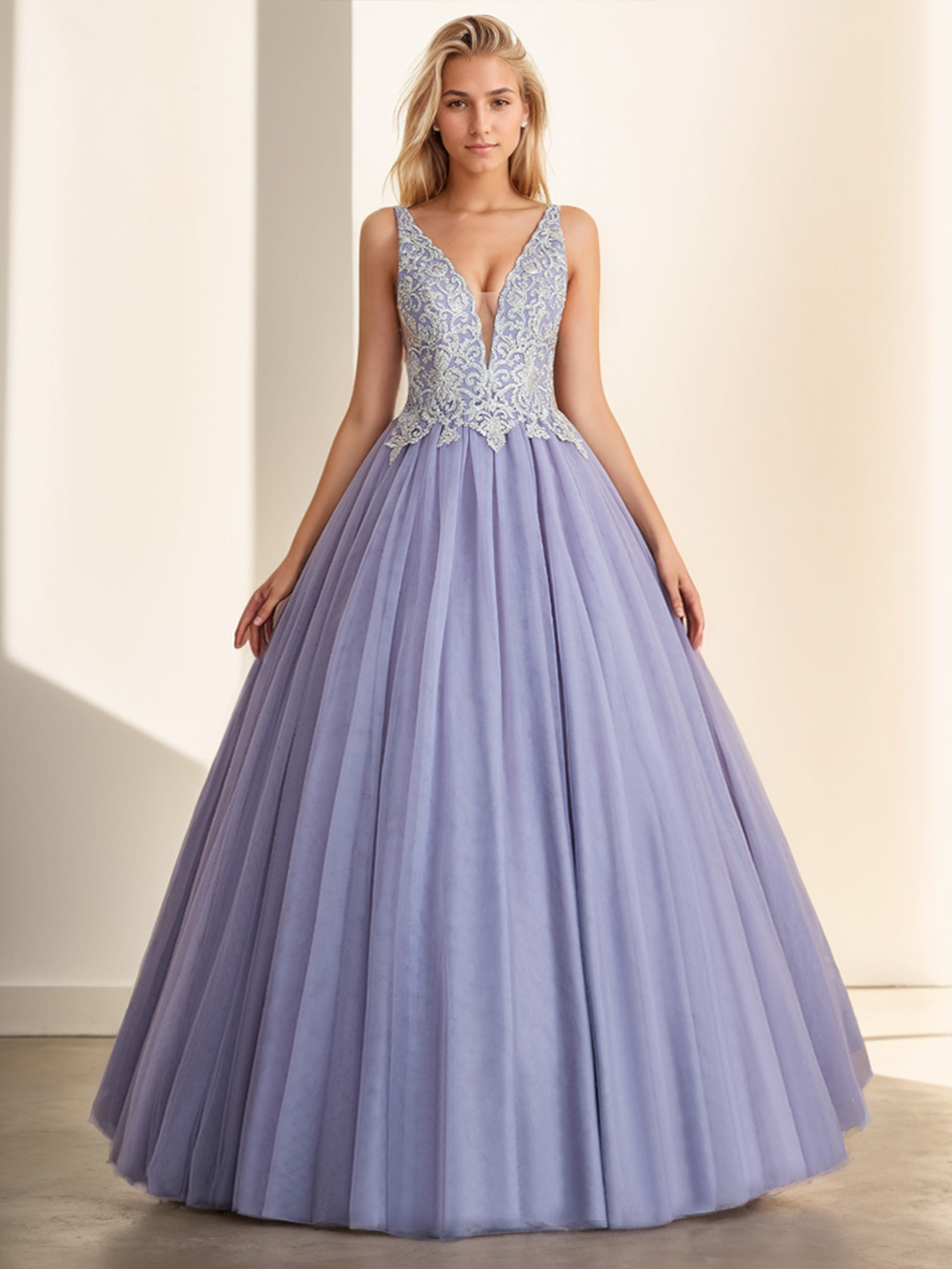 Ball Gown Evening Quinceanera Dress Prom Dres V Neck Tulle Beading