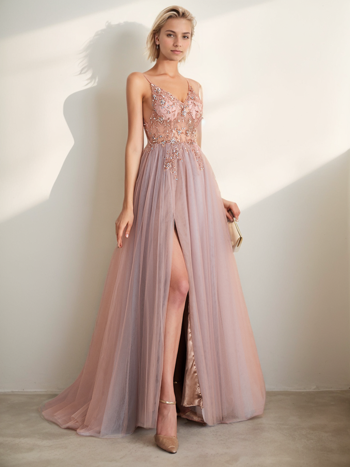 A-Line Evening Gown Formal Graduation Prom Dress V Neck Tulle Beading Slit