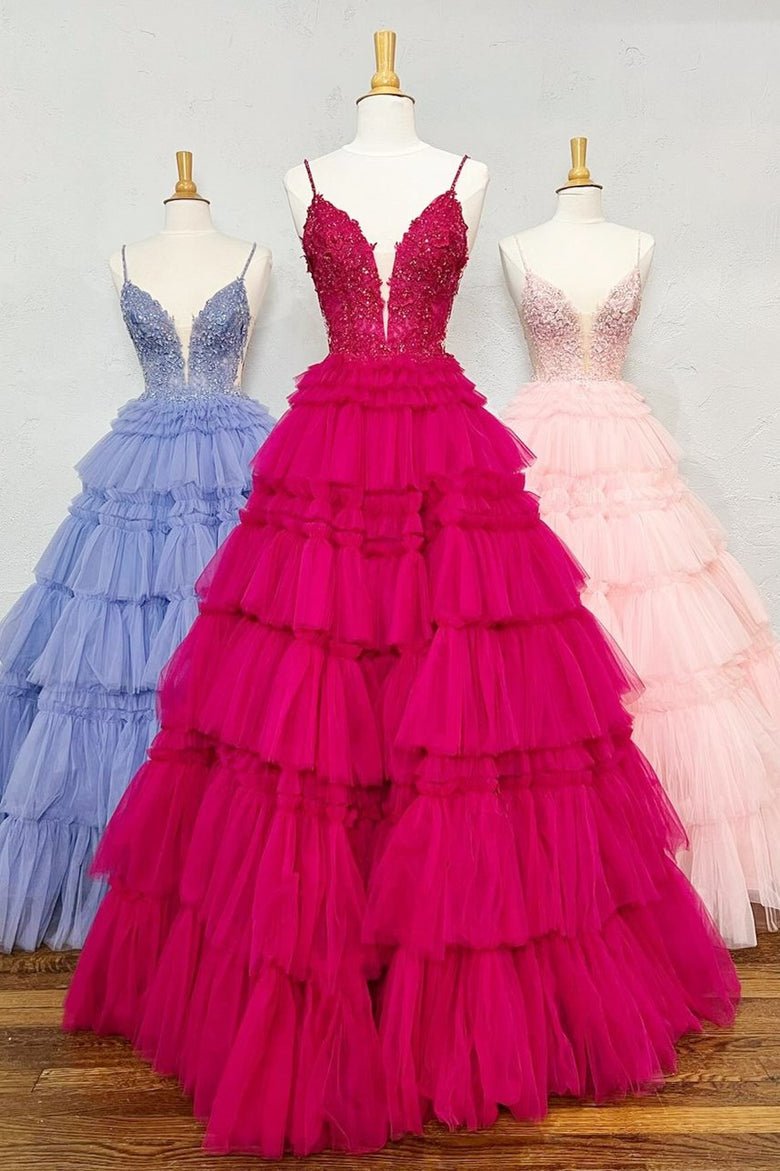 Black Beaded Spaghetti Strap Ruffle Tiered Ball Gown Evening Dresses