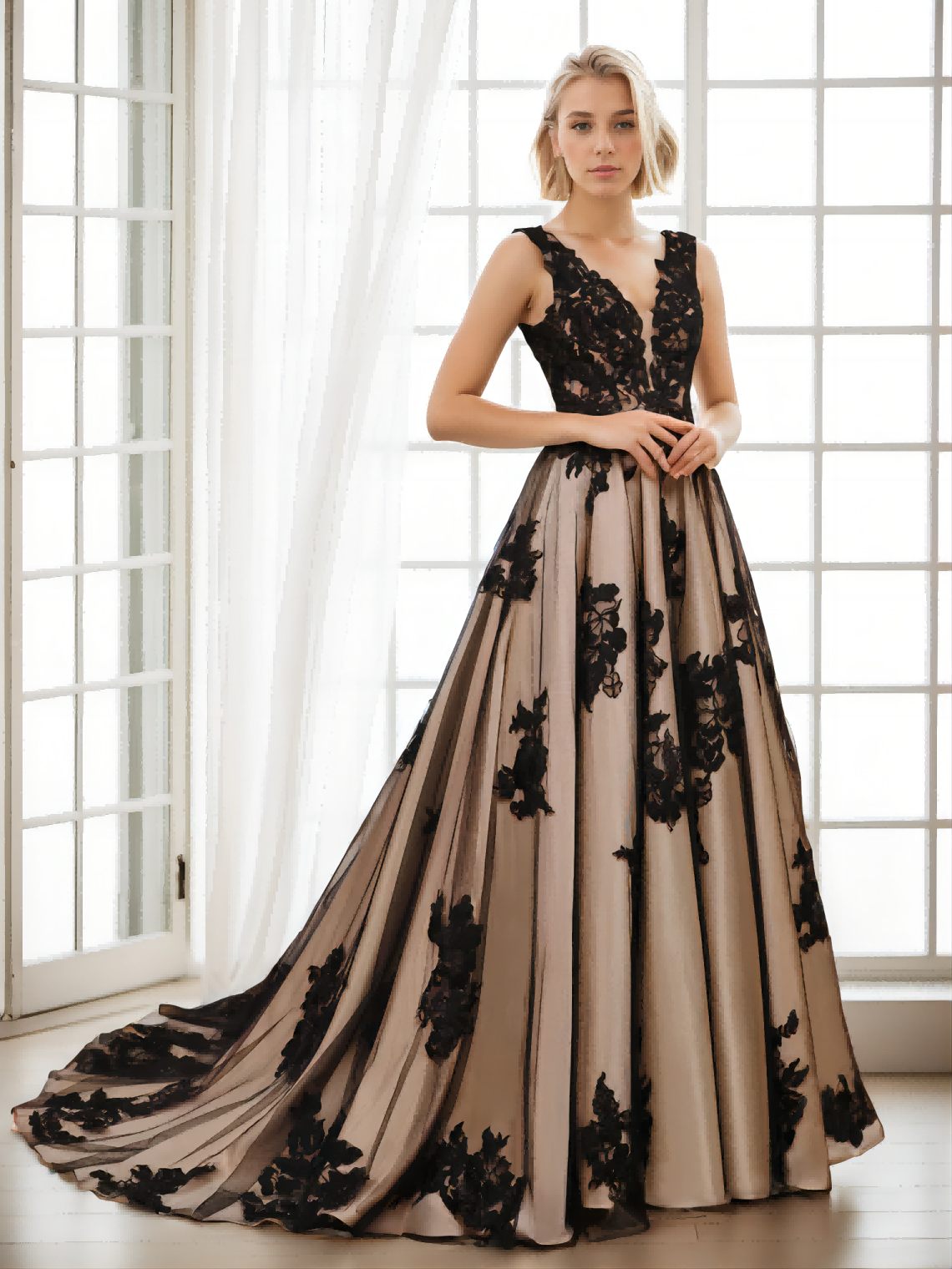 A-Line V-Neck Sleeveless Tulle Long Wedding Dresses With Appliques