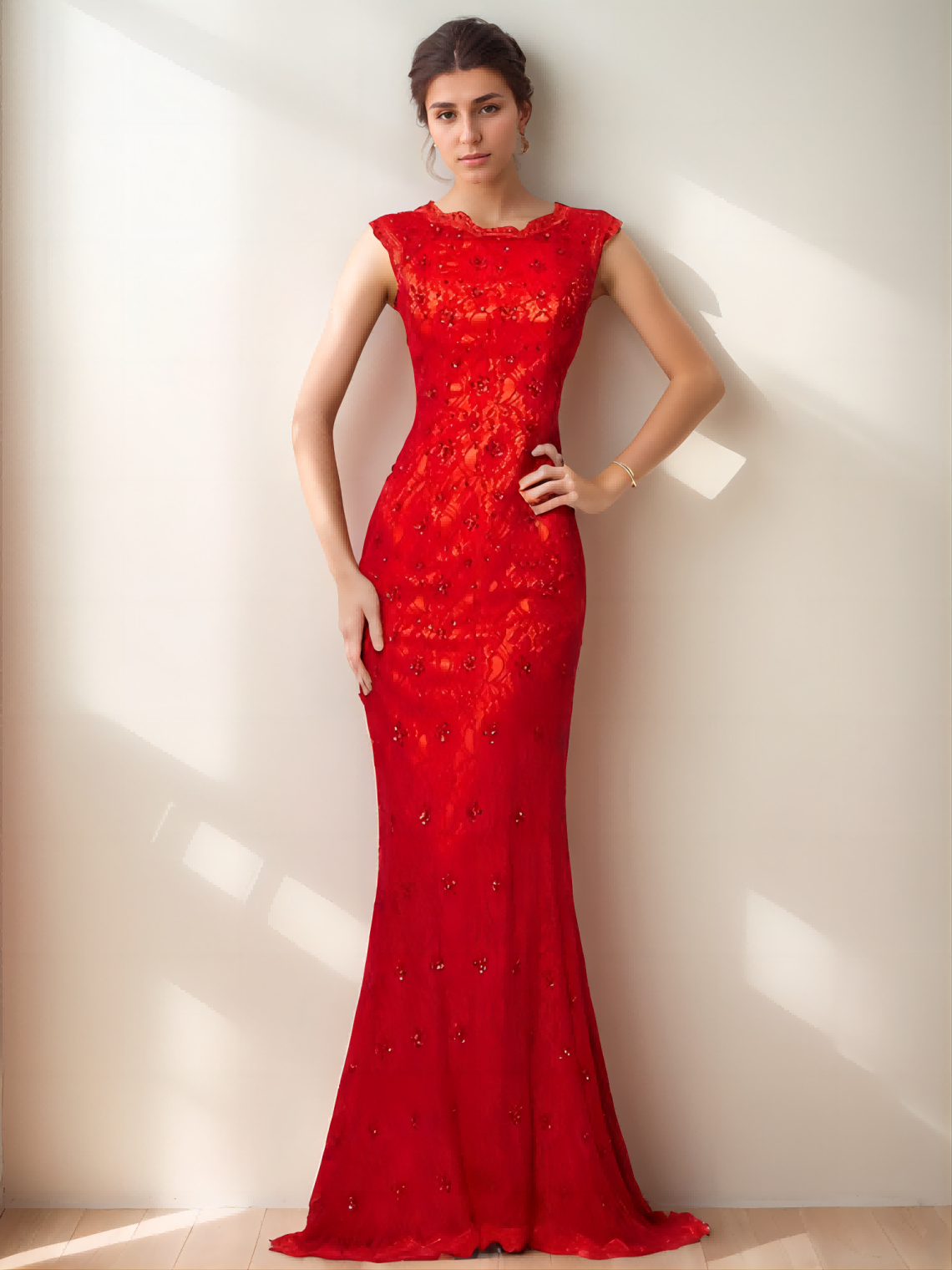 A-Line/Princess Scoop Short Sleeves Applique Long Lace Dresses