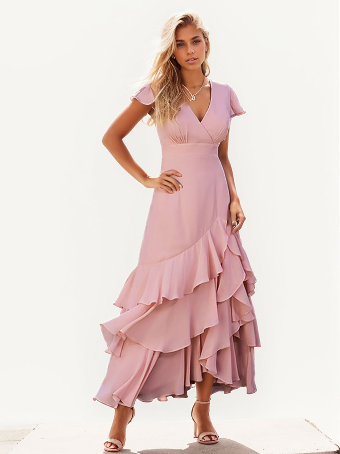 A-Line/Princess Short Sleeve V-Neck Ankle-Length Long Prom Evening Dresses