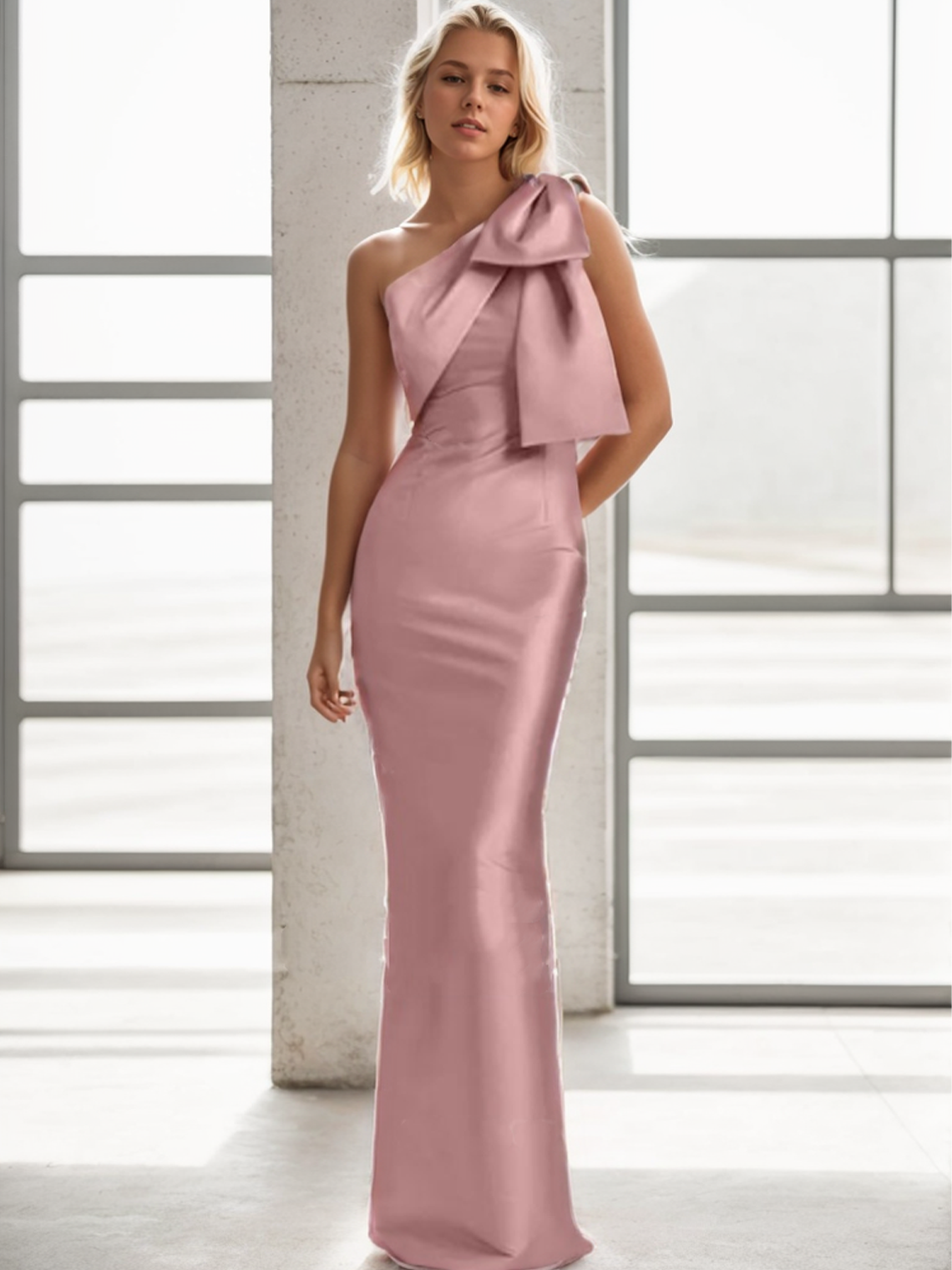 Sheath/Column One-Shoulder Satin Bridesmaid Dresses With Bow(s)