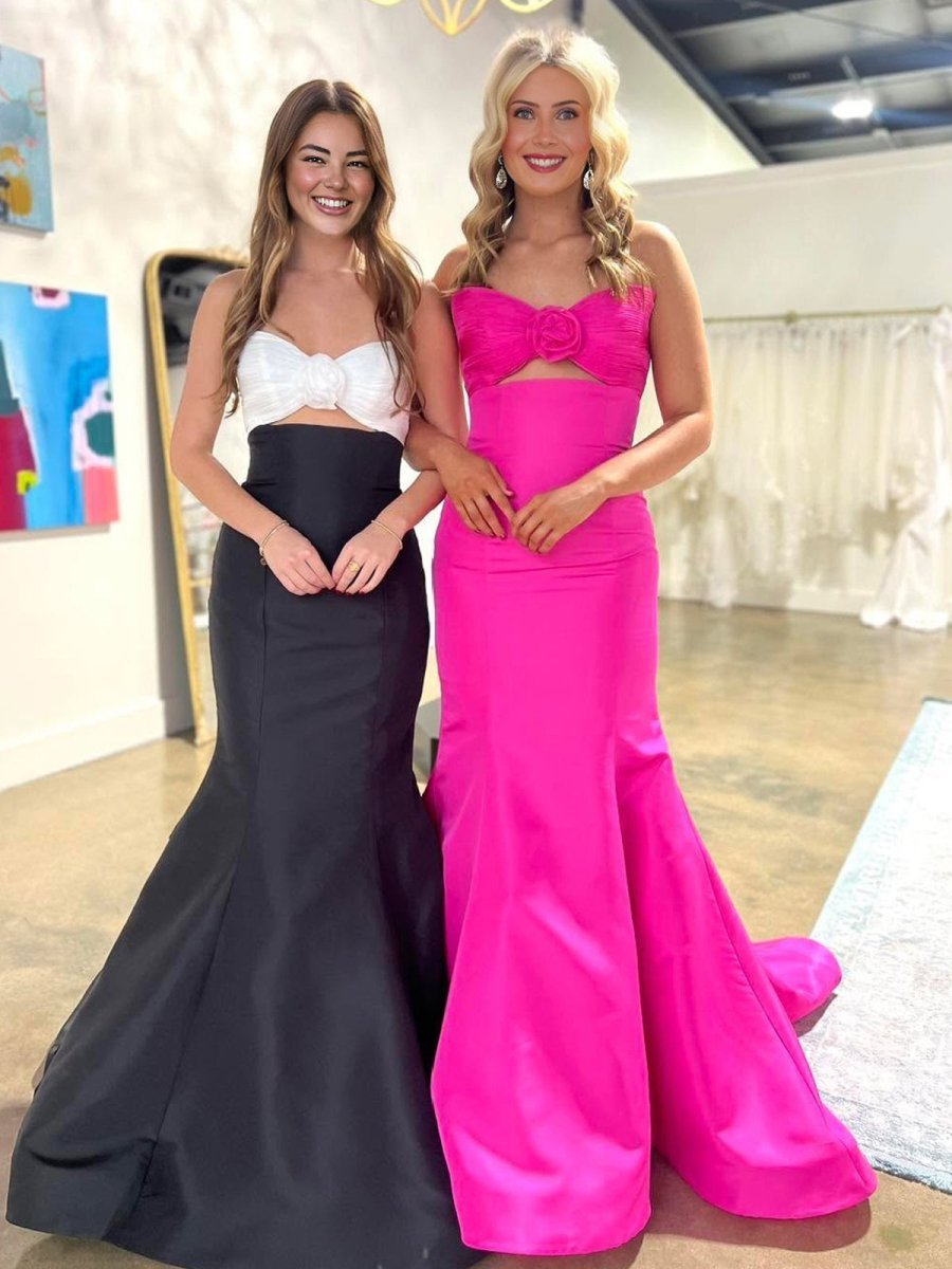 Strapless White and Black Ruched Mermaid Prom Dresses Evening Dresses