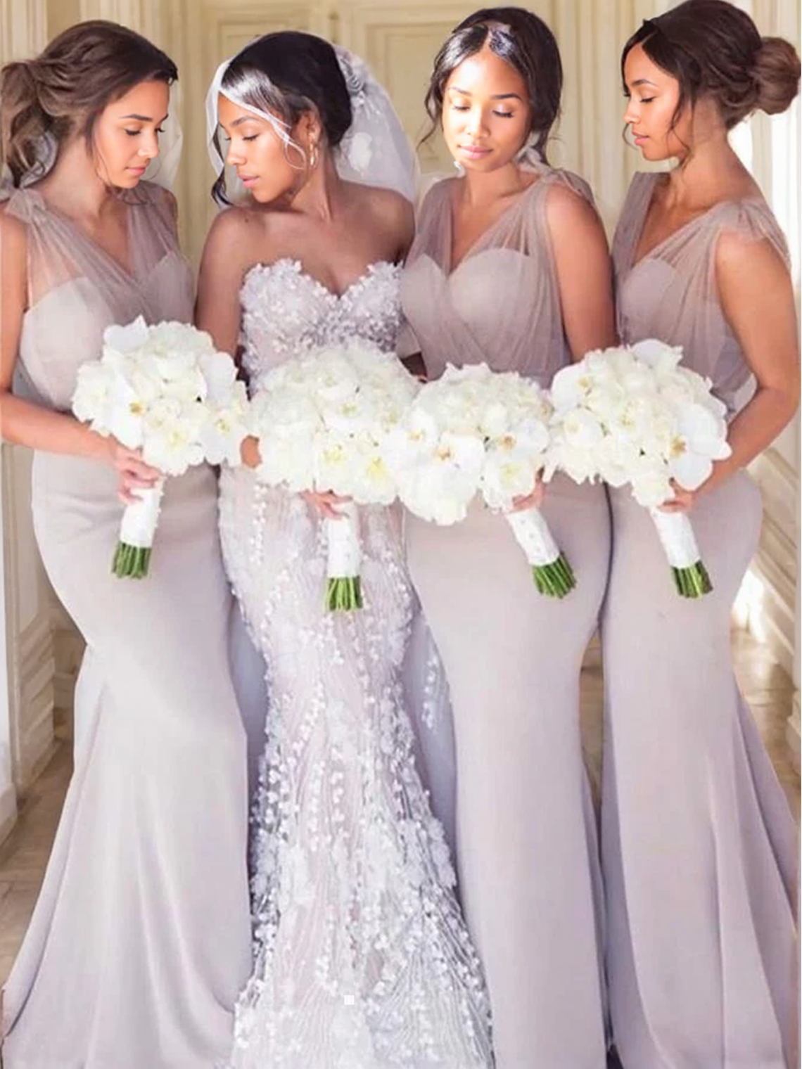 Sheath/Column V-neck Tulle Sweep Train Sashes/Ribbons Bridesmaid Dress