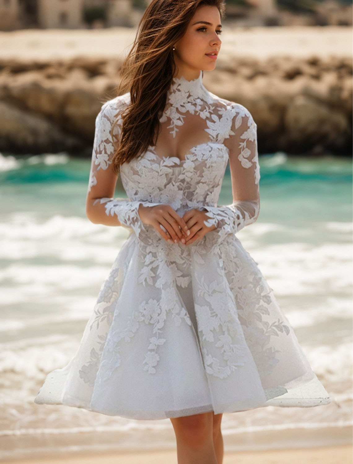 A-Line Short/Mini Illusion Lace Little White Dress Homecoming Dress