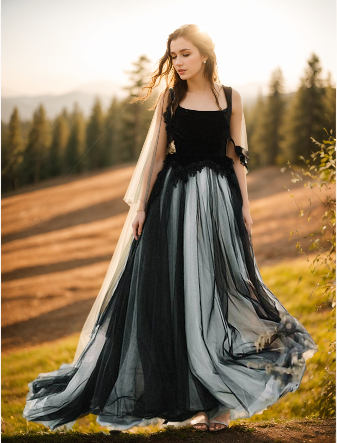 A-Line Vintage Black Boho Wedding Dresses Court Train with Appliques