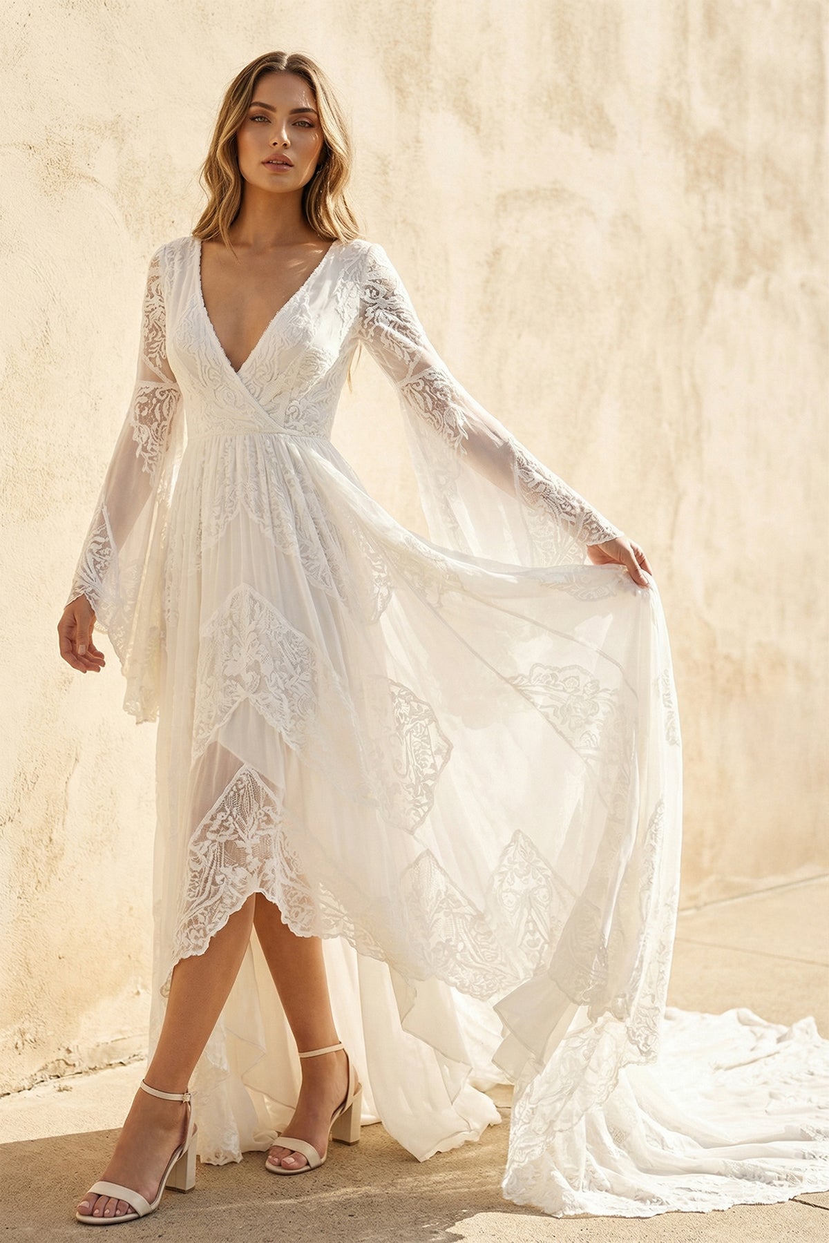 Simple Casual Long Sleeves Boho Lace Wedding Dresses With Sweep Train