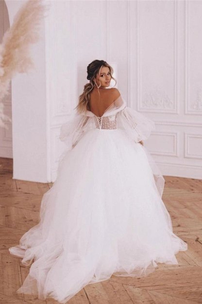 Boho A-Line Wedding Dresses Detachable Long Puff Sleeve