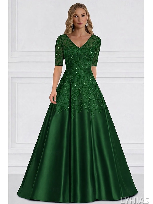 A-Line Mother of the Bride Dresses Floor Length Half Sleeve V Neck Satin Elegant