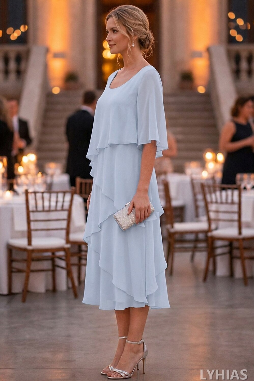 A-Line Mother of the Bride Dresses Ankle Length with Ruffles Half Sleeve Scoop Neck Chiffon Elegant
