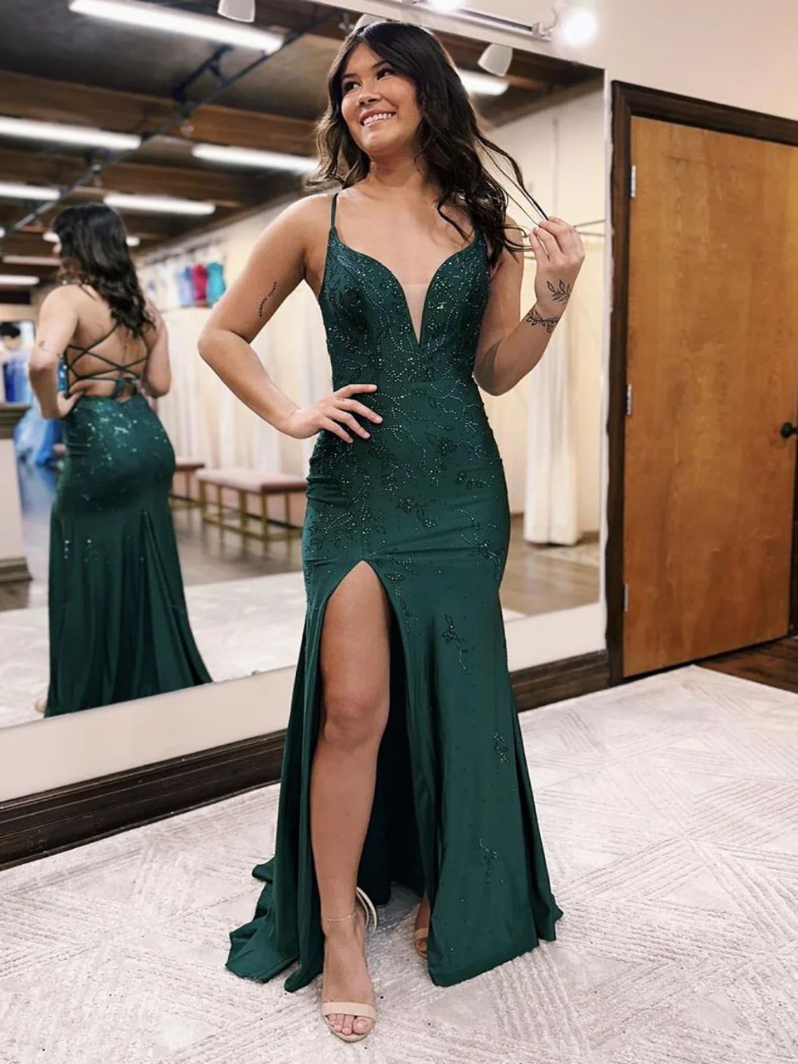 Mermaid Beaded Dark Green Spaghetti Straps Long Prom Dress With Slit
