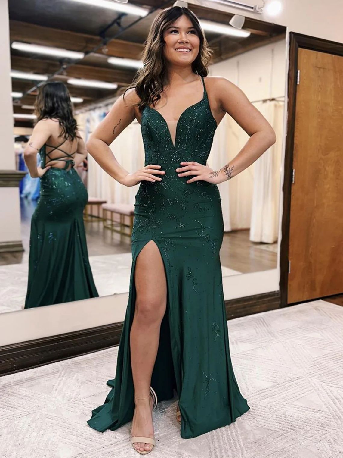 Mermaid Beaded Dark Green Spaghetti Straps Long Prom Dress With Slit