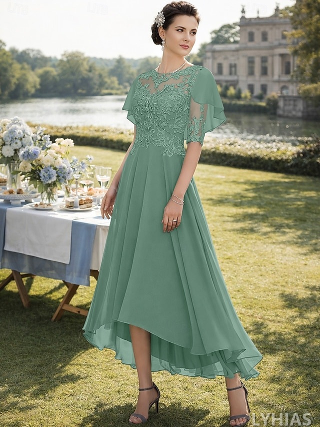 A-Line Mother of the Bride Dresses Tea Length with Beading Half Sleeve Scoop Neck Lace Elegant