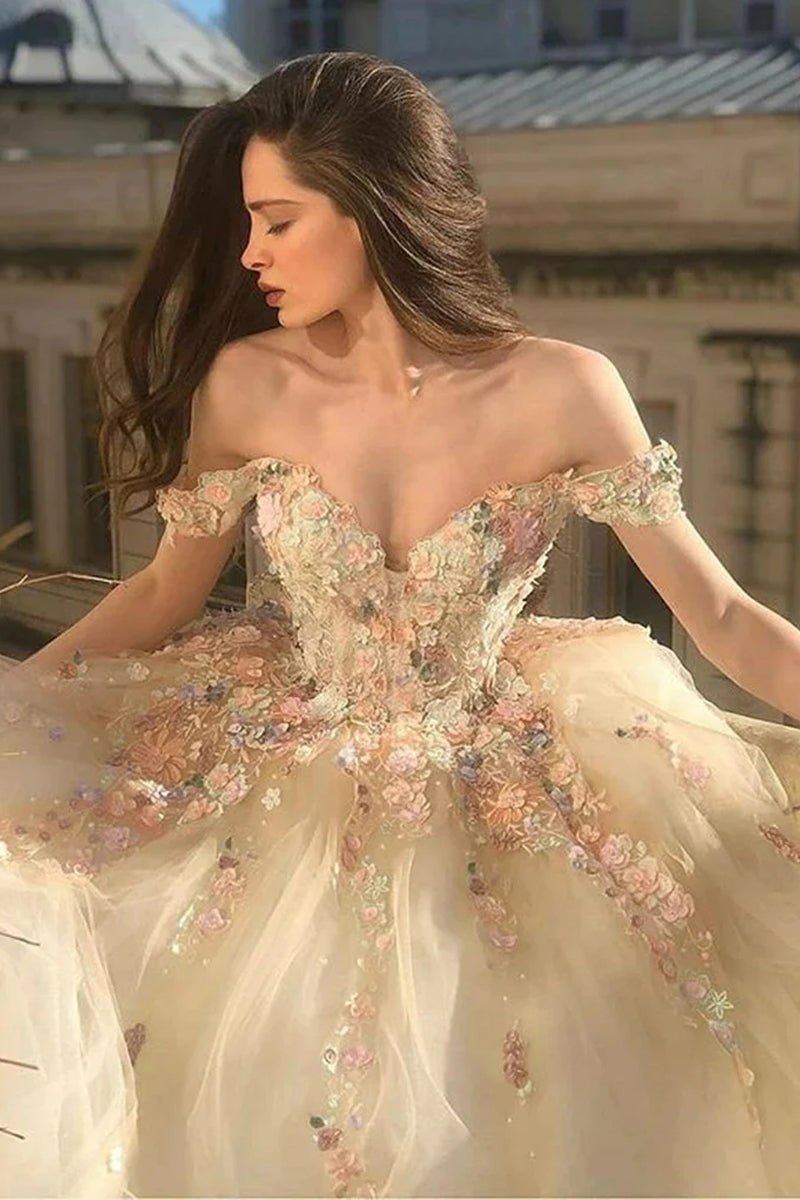 Off Shoulder Long Champagne Lace Champagne Quinceanera Dresses