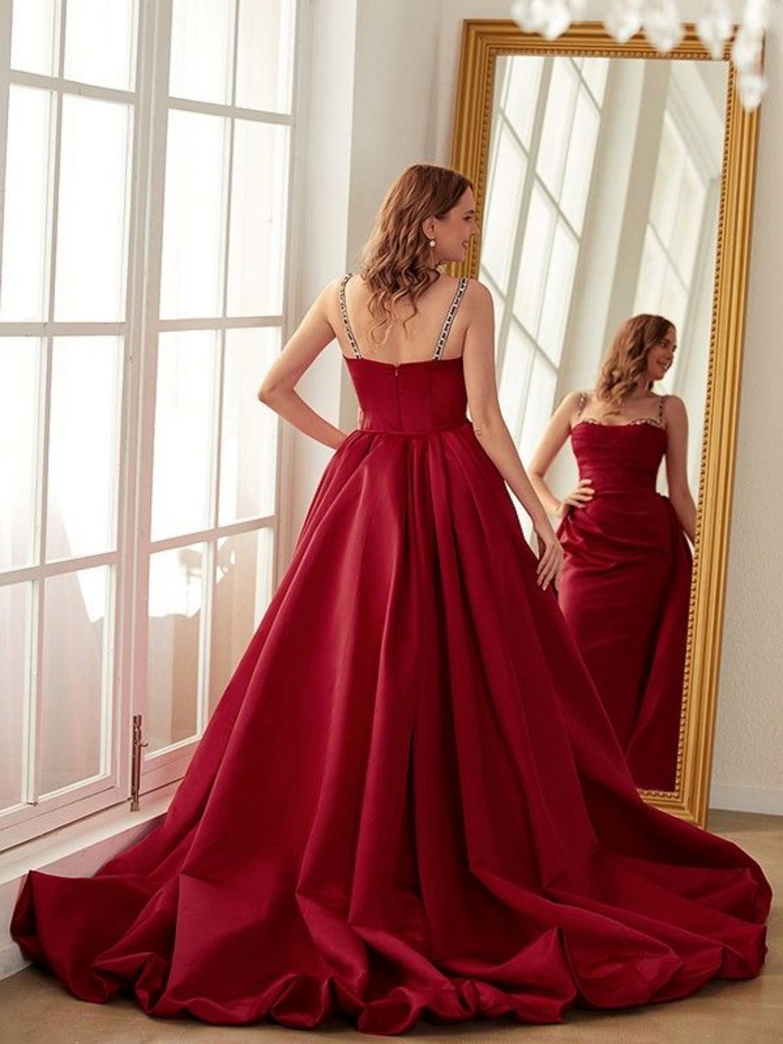 Sheath/Column Satin Ruched Spaghetti Straps Chapel Train Dresses