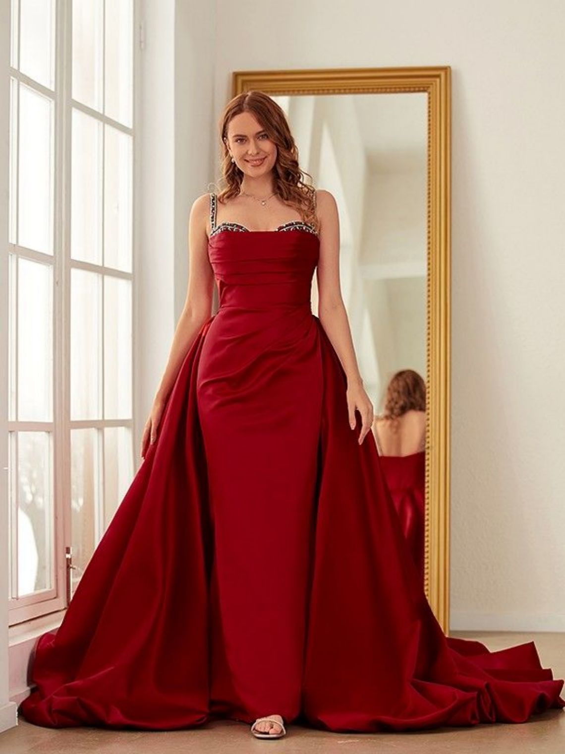Sheath/Column Satin Ruched Spaghetti Straps Chapel Train Dresses