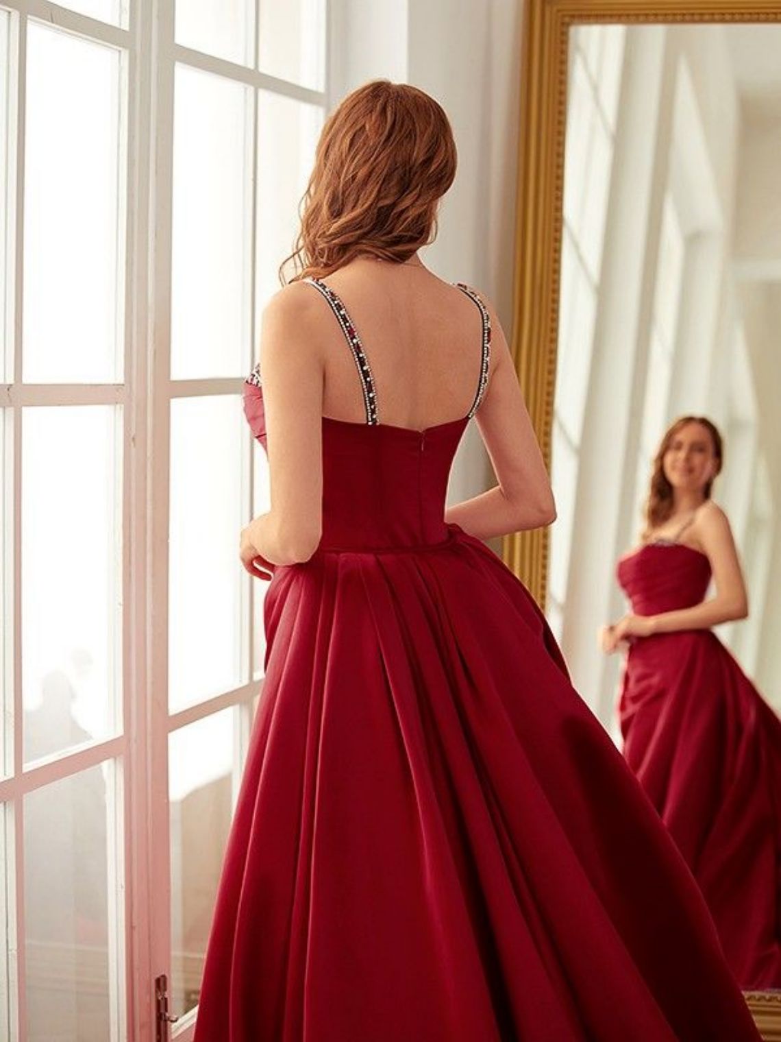 Sheath/Column Satin Ruched Spaghetti Straps Chapel Train Dresses