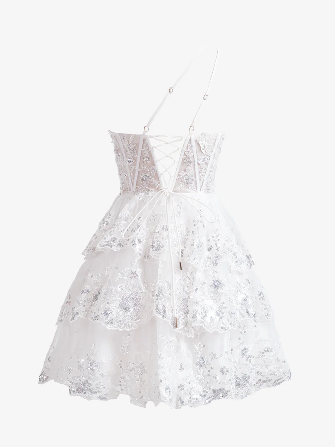 A-Line One Shoulder Navy Tiered Lace Short Homecoming Dress