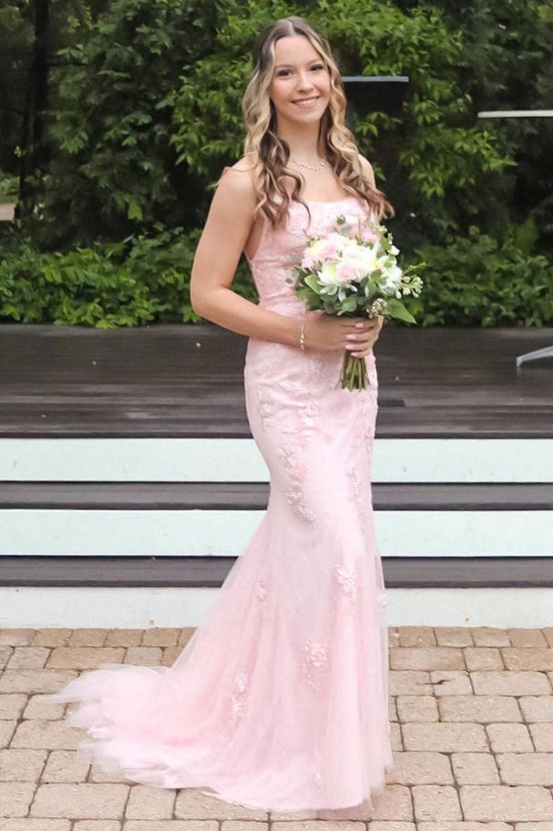 Pink Straps Mermaid Long Prom Dresses with Appliques Evening Dresses in Blush, US2