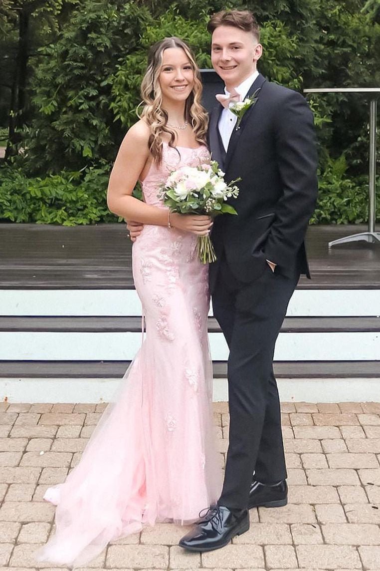 Pink Straps Mermaid Long Prom Dresses with Appliques Evening Dresses, product image 2