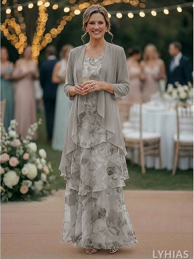 Two Piece Mother of the Bride Dresses Floor Length with Floral Print 3/4 Length Sleeve Scoop Neck
