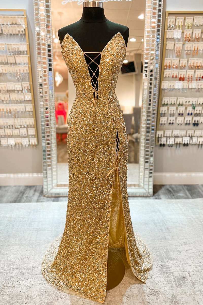 Gold Sequin Strapless Lace-Up Front Long Prom Dresses with Slit Evening Dresses, product image 3