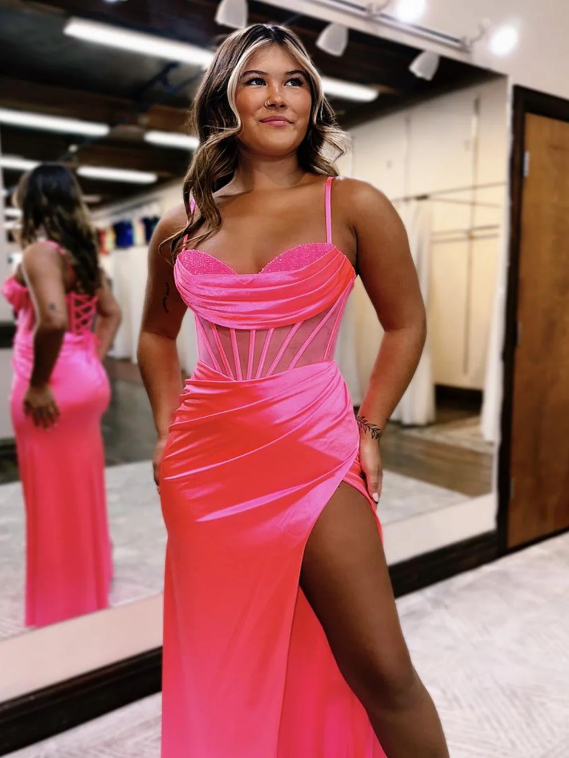 Mermaid Satin Spaghetti Straps Lace Up Long Prom Dress With Slit