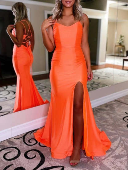 Mermaid Spaghetti Straps Satin Prom Dresses Evening Dresses, product image 3