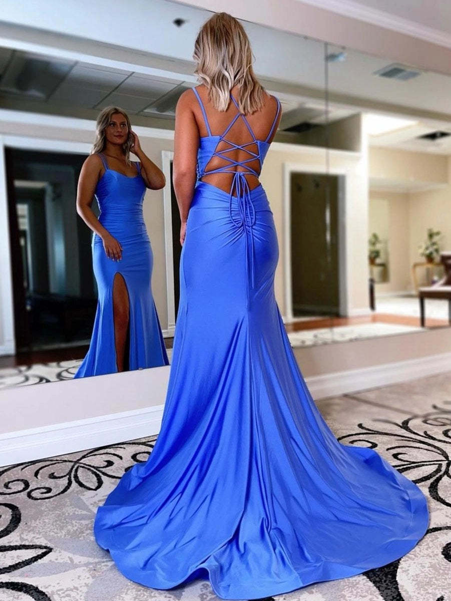 Mermaid Spaghetti Straps Satin Prom Dresses Evening Dresses, product image 2