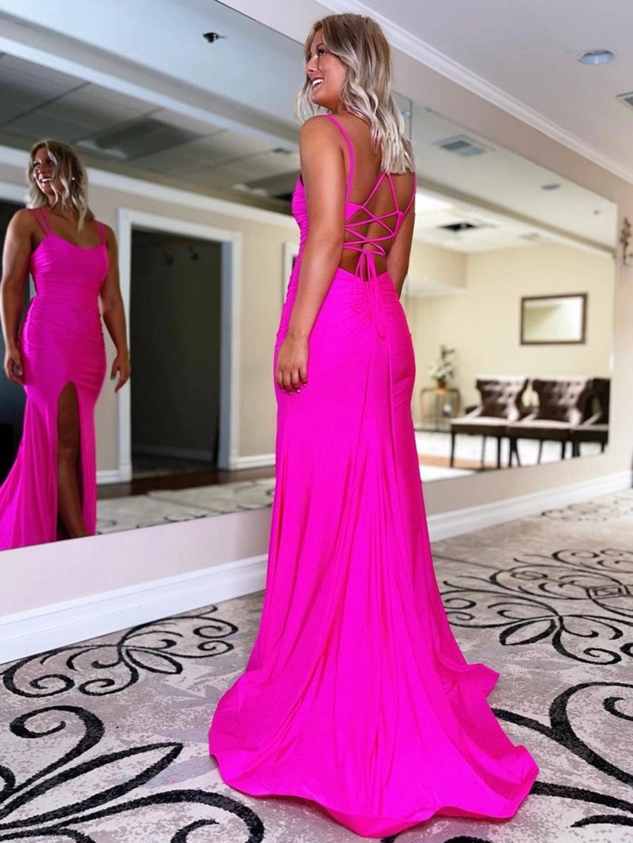 Mermaid Spaghetti Straps Satin Prom Dresses Evening Dresses in Fuchsia, US2