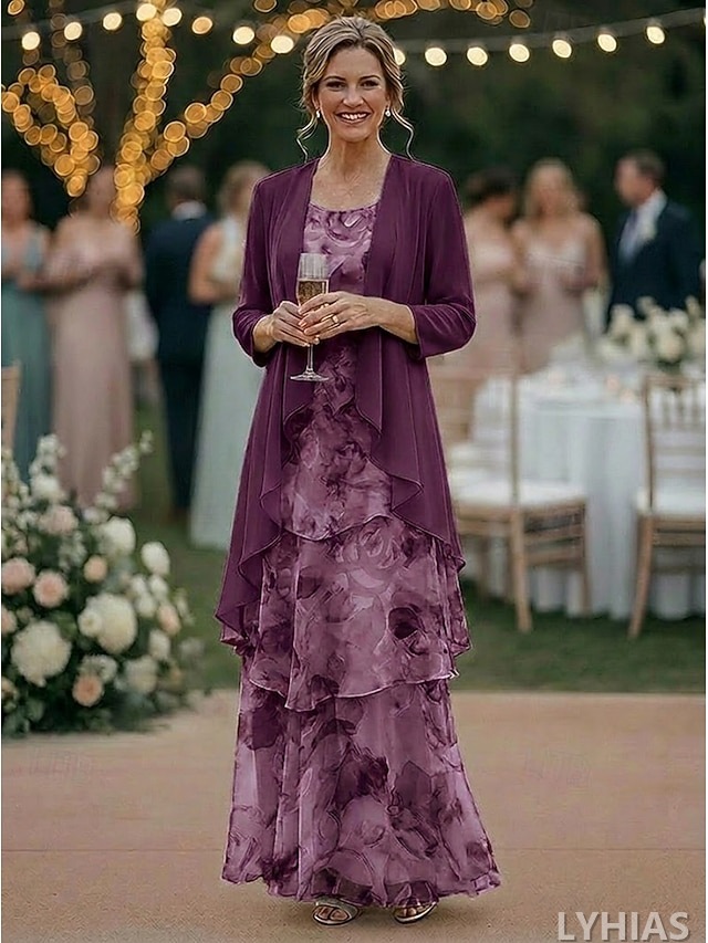 Two Piece Mother of the Bride Dresses Floor Length with Floral Print 3/4 Length Sleeve Scoop Neck