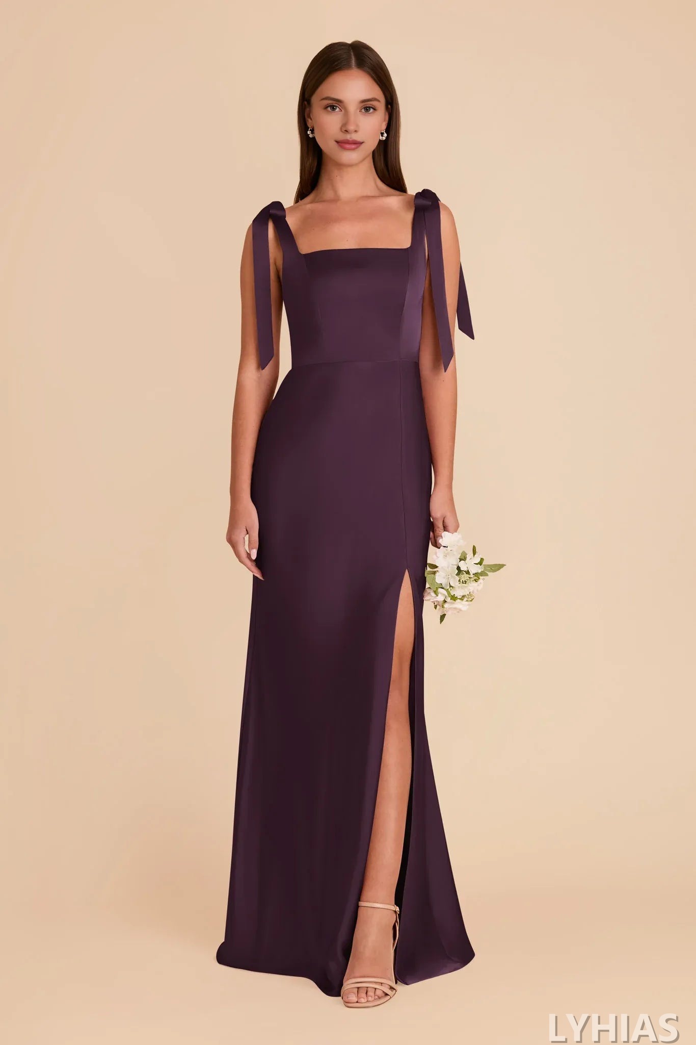 Mulberry Satin A-Line Floor-Length Bridesmaid Dresses | Square Neck, Tie-Shoulder Straps & High Slit