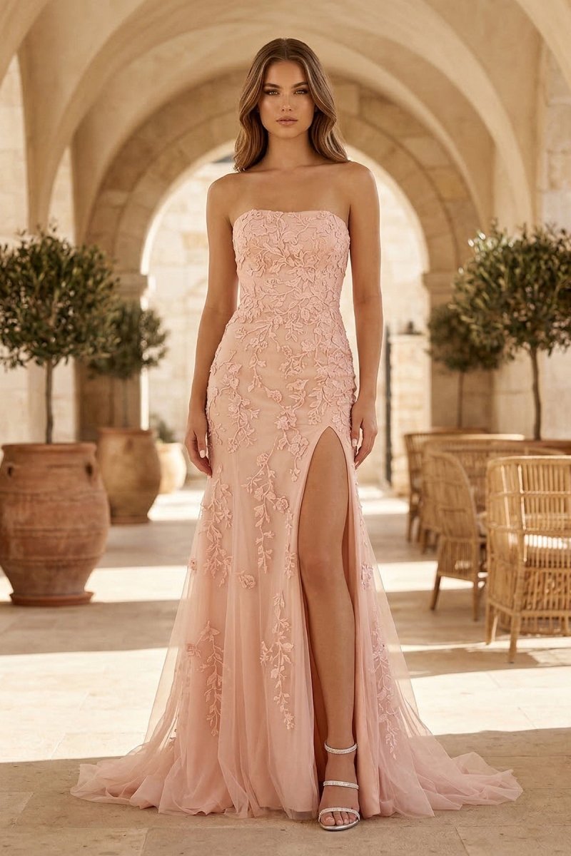 Mermaid Strapless Lace Long Prom Dresses with Slit Evening Dresses in Blush, US2