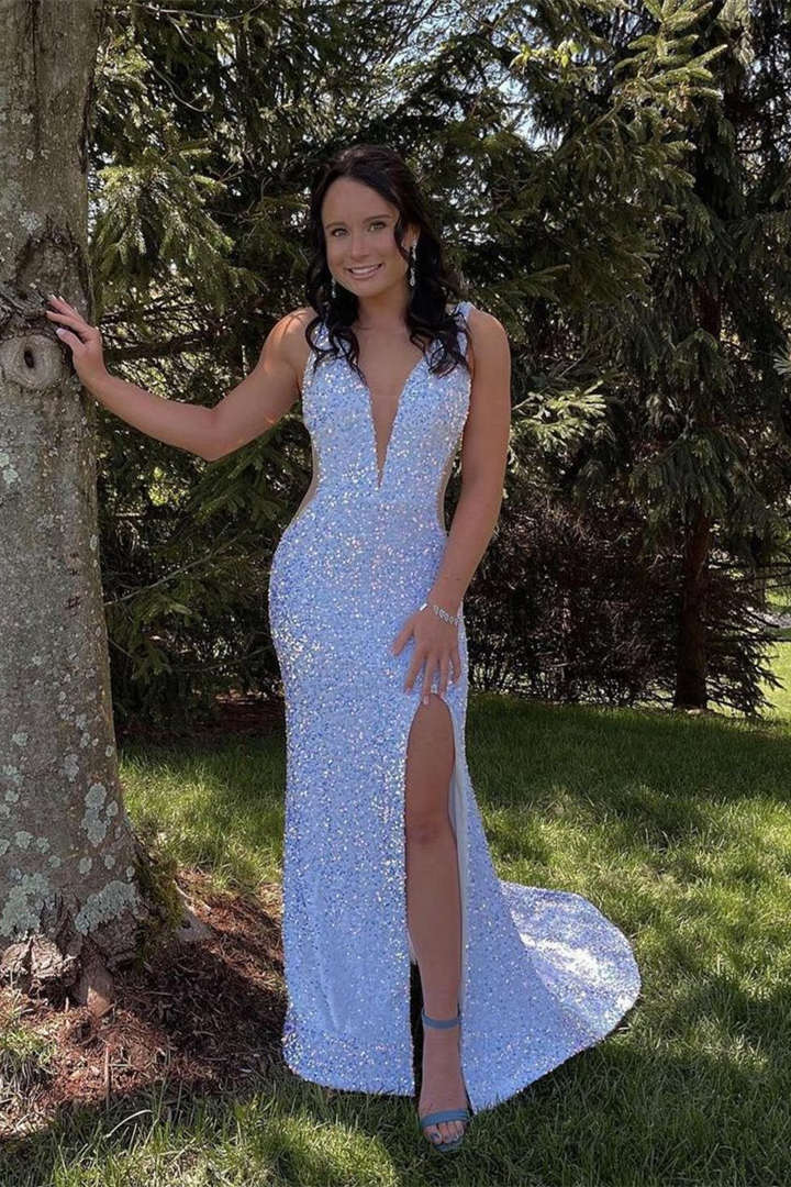 Glitter V-Neck Backless Sequins Long Mermaid Prom Dresses Evening Dresses, product image 5